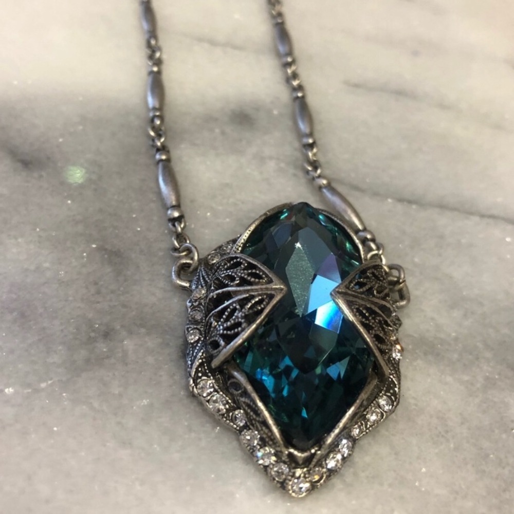 Blue Zircon Crystal/ Ant. Silver Necklace,NWT-Boutique